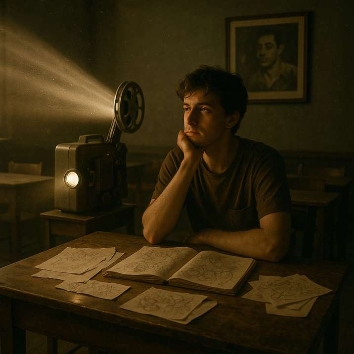 A young film student sits quietly in a dimly lit classroom, lost in thought beside a vintage film projector casting light through dusty air, symbolizing emotional fatigue and a nostalgic love for cinema.